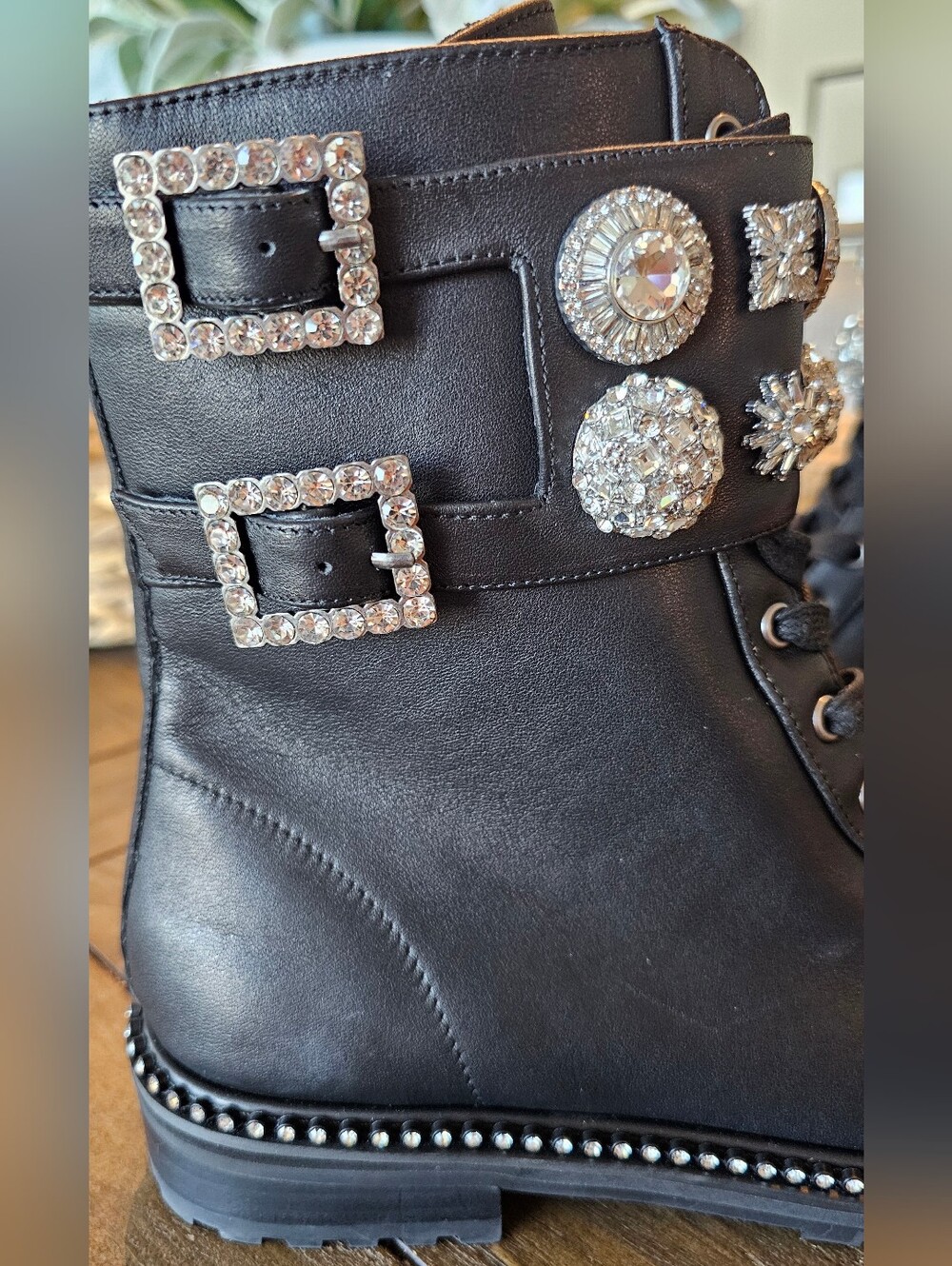 👁Kurt Geiger👁 Black Leather W/Crystal Lace-Up Boots Women's Sz 7.5 8 9.5 & 10 - Picture 7 of 11
